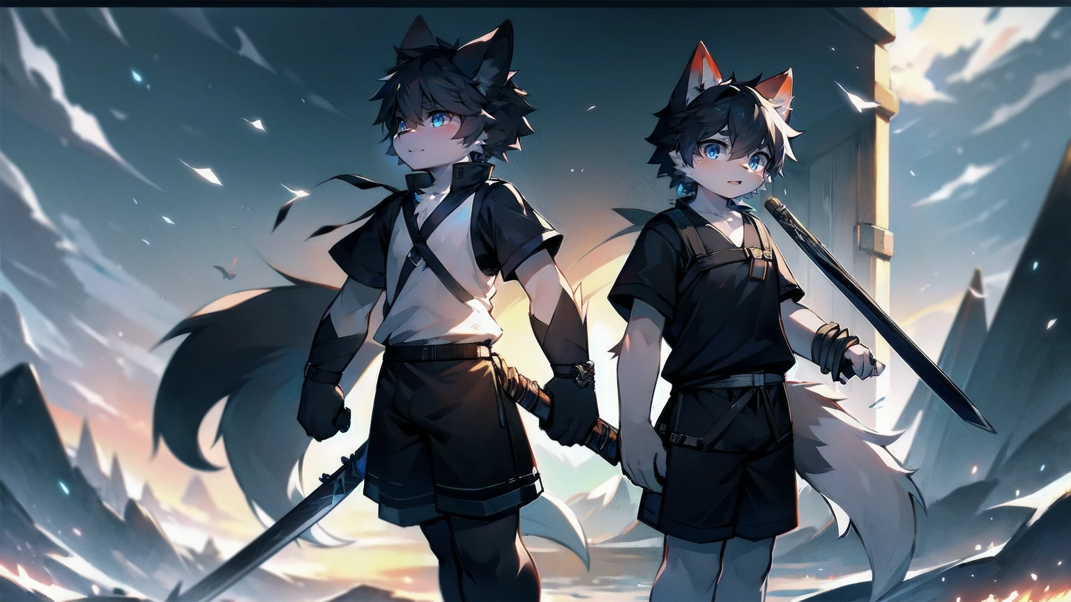 White Wolf,black hair,Sky blue eyes,hairy,Wolf ears,Wolf tail,Full body portrait,The character is in the center of the frame,Handsome,Confident eyes,male,juvenile,Black and white combat uniform,Red neck bib,Black shorts,Short sleeve,hairy arms and legs,Dark background,Dark battlefield,dawn,sunrise,dawn,illumination,shadow,Swordsman,Scabbard and sword,Hold the hilt of a sword in your hand,The scabbard is at the waist,Highest quality