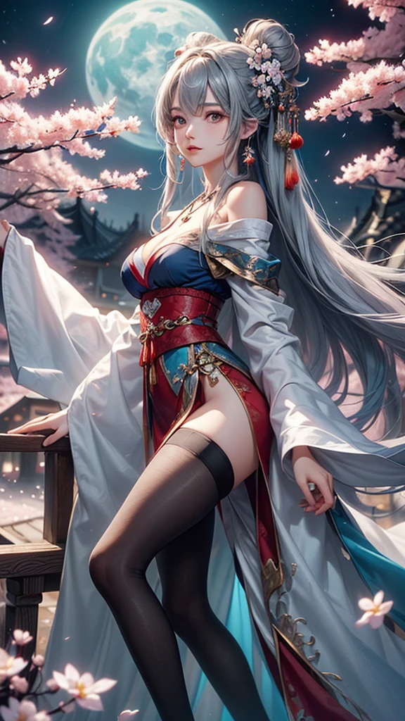 (masterpiece:1.5, Highest quality, Very detailed、 Dutch Angle、Semi-realistic、Fantasy)(One Girl, alone)(Silver Hair:1.4,,Straight Long Hair)(Wearing Han clothes, Royalty、White and red Hanfu:1.6,Thick fabric,Long sleeve)、((Off the shoulder、medium breasts, Beautiful cleavage、ruby necklace))((Above the knee tights))(from side,cherry blossoms、dead tree、Mystical Night、Particles of light float around the woman、Fantasyのためのスペース)