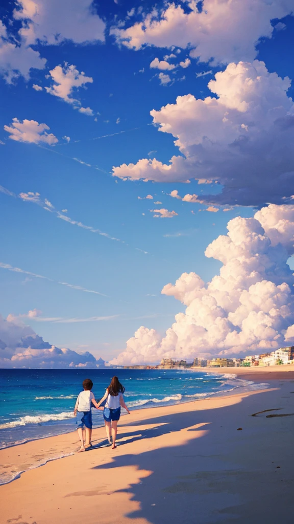 Blue sky with white clouds Seaside Back view of a man and woman in casual clothes holding hands An illustration