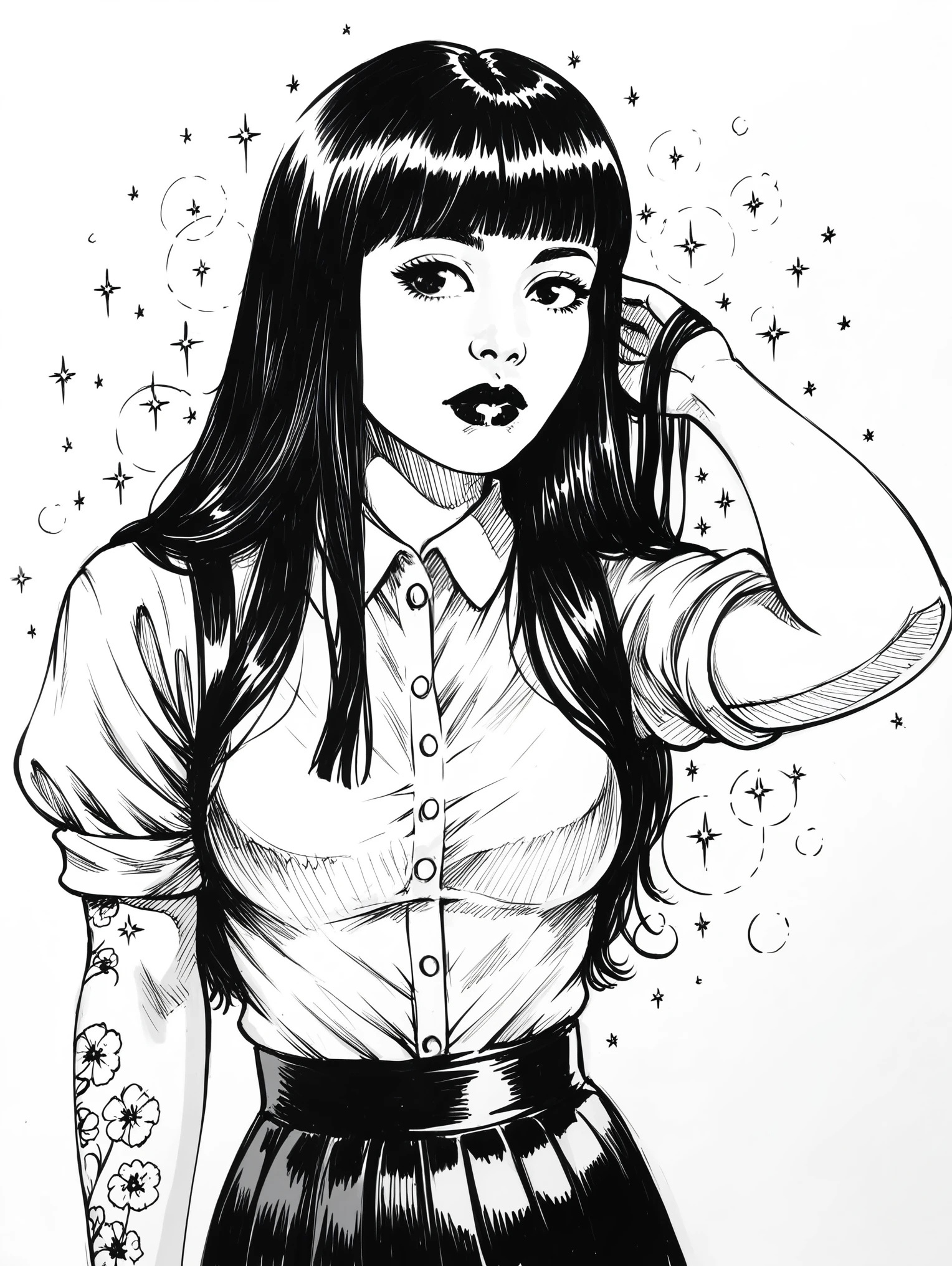 score_9, score_8_up, score_7_up, 1girl, sketch, sp1t, monochrome, detailed background, Asian, white shirt, black skirt, rolled up sleeves, sunny, lovely, hime cut hair, curious face, black lips, black eyes, tattoos