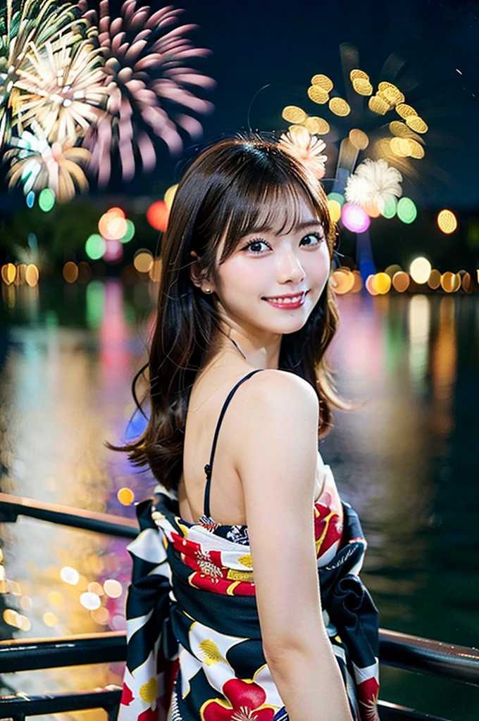 ((Highest quality, 8K, masterpiece: 1.3)),RAW Photos,Realistic atmosphere,Lens flare, Ray Tracing,(Detailed beautiful white skin:1.3),Beautiful Japanese,22 years old, (Watching the fireworks wearing a floral yukata:1.2),((Looking back with an innocent smile:1.3)),Raise your hand and rejoice,Blurred grand fireworks,(Many colorful fireworks:1.2)Star Mine,((Fireworks that match the sky are reflected on the lake:1.3)),Detailed face,Fireworks across the sky,Large fireworks,Huge fireworks