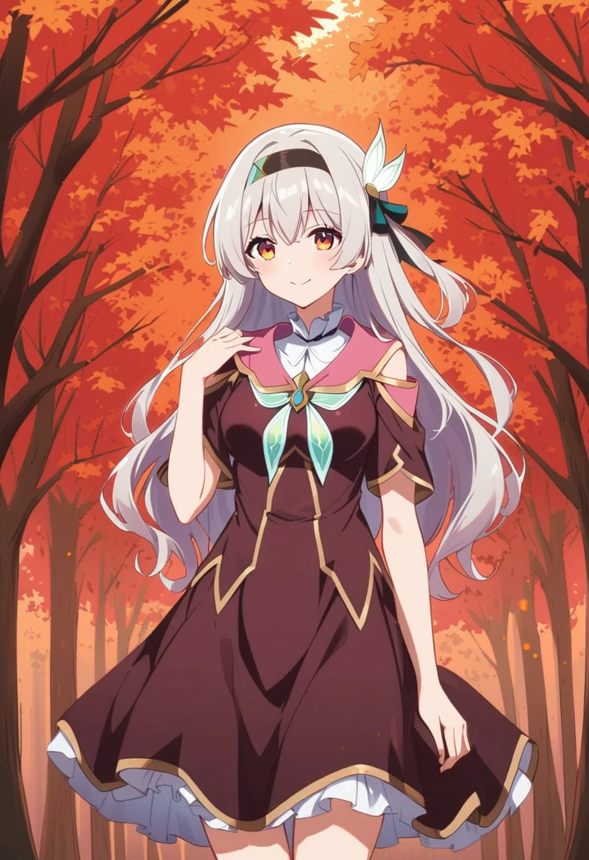 firefly \(Collapse: Star Trails\),1 Girl,Solitary,(Pink off-the-shoulder dress :1.5), (Silver long hair:1.5) ,Black _ Headband, X-Shape _ Eyebrow, Headband, Polyolefins _ hair, Bangs, Bare shoulders, full-body shot, White, White高跟鞋, outdoor, Red Maple Forest,