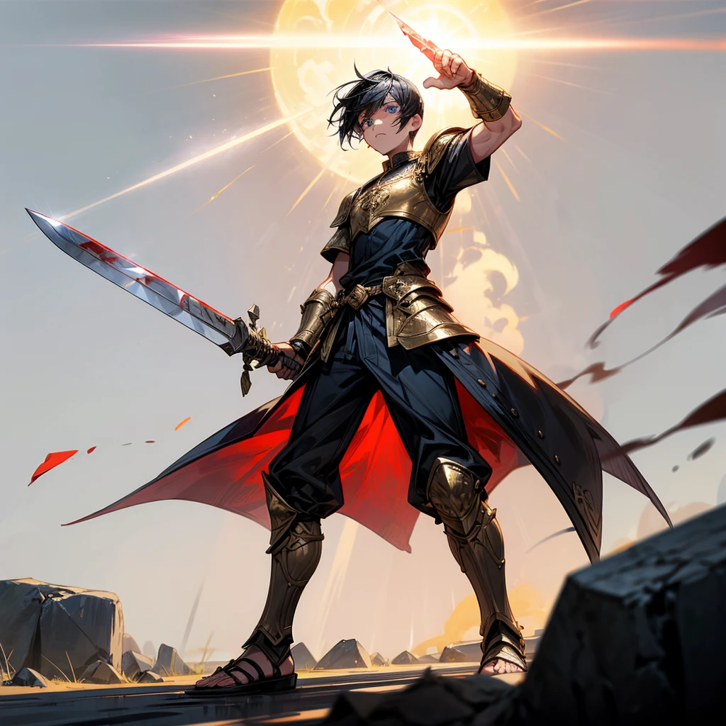 1boys, Full body version, blue eyes, undercut hair, black colour hair, very angry expression, gladiator clothing, short sleeve shirt, gladiator skirt, gold armor body, bodybelt, gladiator sandals, Spatha sword in hand, (war gesture), Grassroots background in war, smoke, silhouette of sunlight, glare of sunlight behind, blood on face, blood on armor, blood on hand, full of background light, fire, burning fire