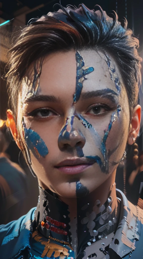 a close up of a person with a face painted with paint, 8k artistic portrait photography, color photograph portrait 4k, highly detailed vfx portrait, highly detailed vfx portrait of, beeple and james jean, realistic digital art 4k, realistic digital art 4 k, portrait shot, photoshop art, 4k highly detailed digital art, ai assisted digital painting