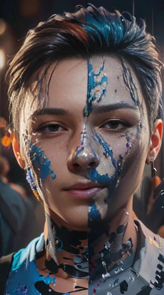 a close up of a person with a face painted with paint, 8k artistic portrait photography, color photograph portrait 4k, highly detailed vfx portrait, highly detailed vfx portrait of, beeple and james jean, realistic digital art 4k, realistic digital art 4 k, portrait shot, photoshop art, 4k highly detailed digital art, ai assisted digital painting