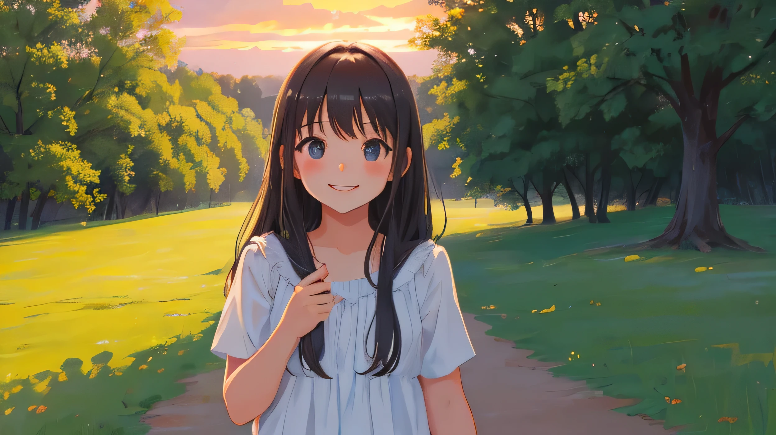 Please depict a young girl smiling in a rural park at dusk.