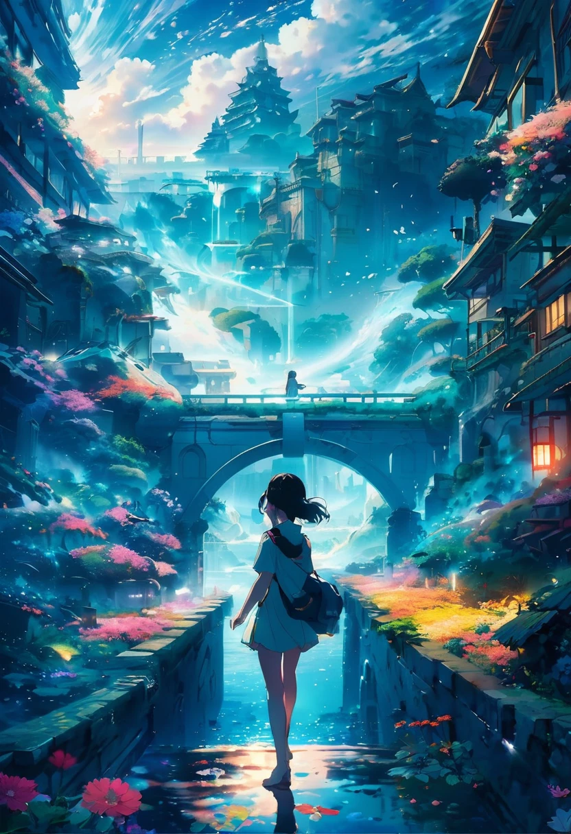 anime key visual, Masterpiece landscapes,A girl, From the city of Atlantis submerged in water, Ruins, complex background, foggy condition, cyberdelic, flowering light, Macro lens, Estilo Tsuchida, colorful splash