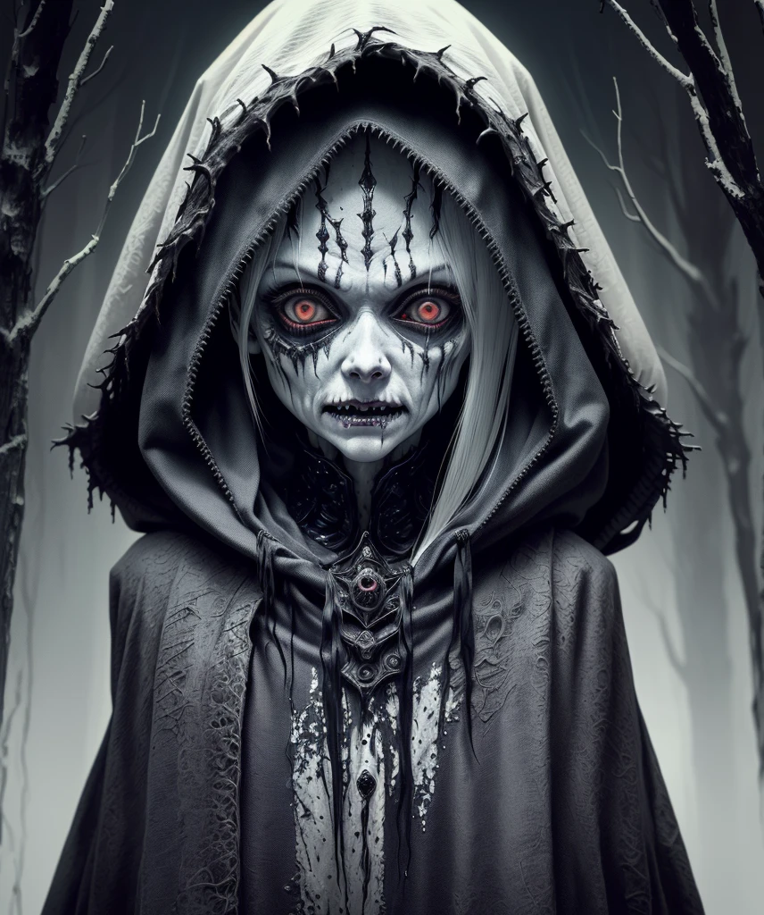 there is a creepy looking creature with a hood on, beautiful and creepy, zombie with white eyes, scary creature, creepy macro photo, eerie person, detailed and creepy, creepy creature, female humanoid creature, creepy and unsettling, eerie highly detailed, creepy surrealism, scary look, eerie looking, spiritual eerie creepy picture, the'other mother'from'coraline '