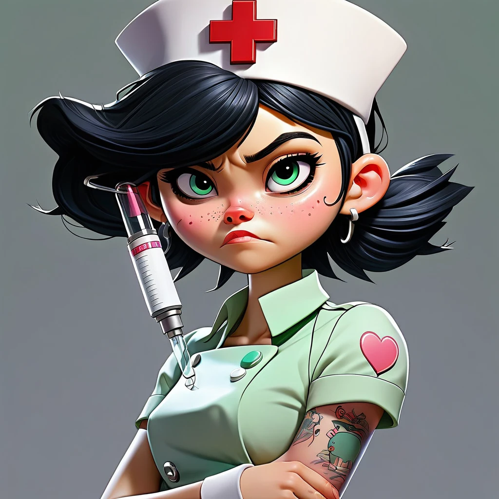 girl similar to gorillaz noodle, short black hair ((drawing)), ((anime girl nose)) ,Generate an anime-style artwork featuring a mischievous nurse with mint green hair in pigtails, wearing a white nurse cap with red crosses and a pink heart. She is dressed in a white nurse uniform adorned with colorful badges and pins, holding a large syringe with a gradient color. The nurse has tattoos on her arms, a band-aid on her cheek, and a chain around her right leg connected to a medi