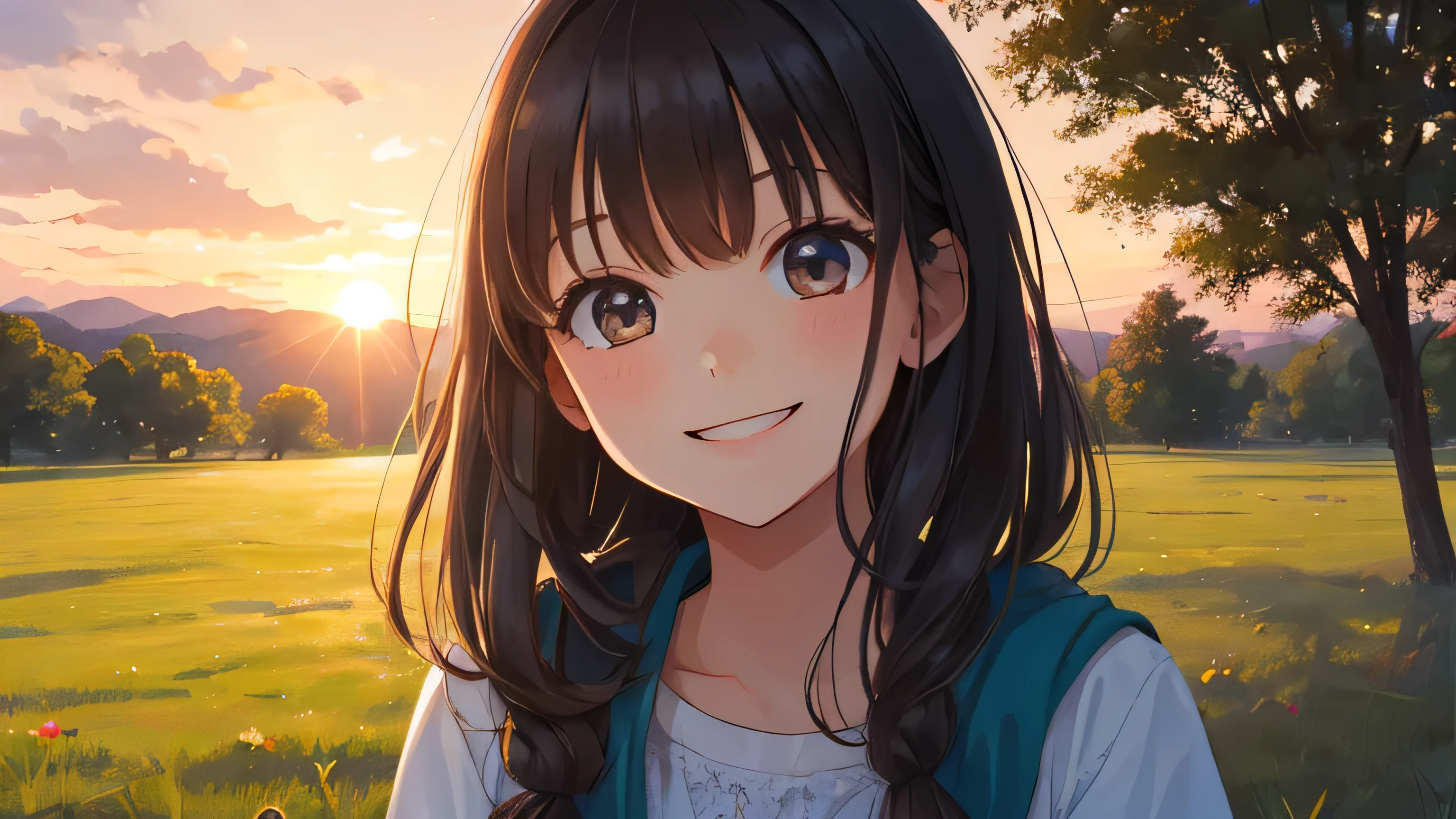 Please depict a young girl smiling in a rural park at dusk.
