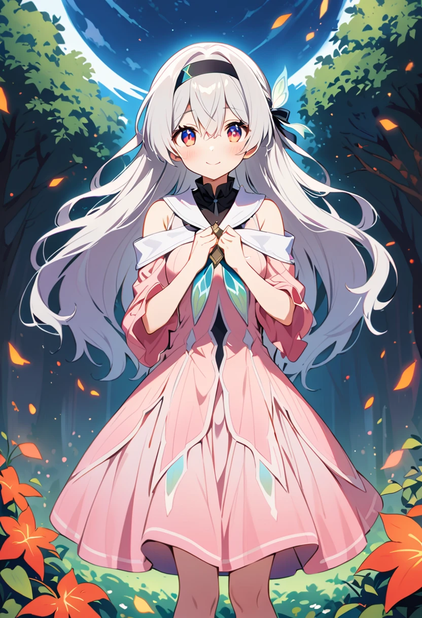 firefly \(Collapse: Star Trails\),1 Girl,Solitary,(Pink off-the-shoulder dress :1.5), (Silver long hair:1.5) ，Black _ Headband, X-Shape _ Eyebrow, Headband, Polyolefins _ hair, Bangs, Bare shoulders, full-body shot, White, White高跟鞋, outdoor, Red Maple Forest，full-body shot