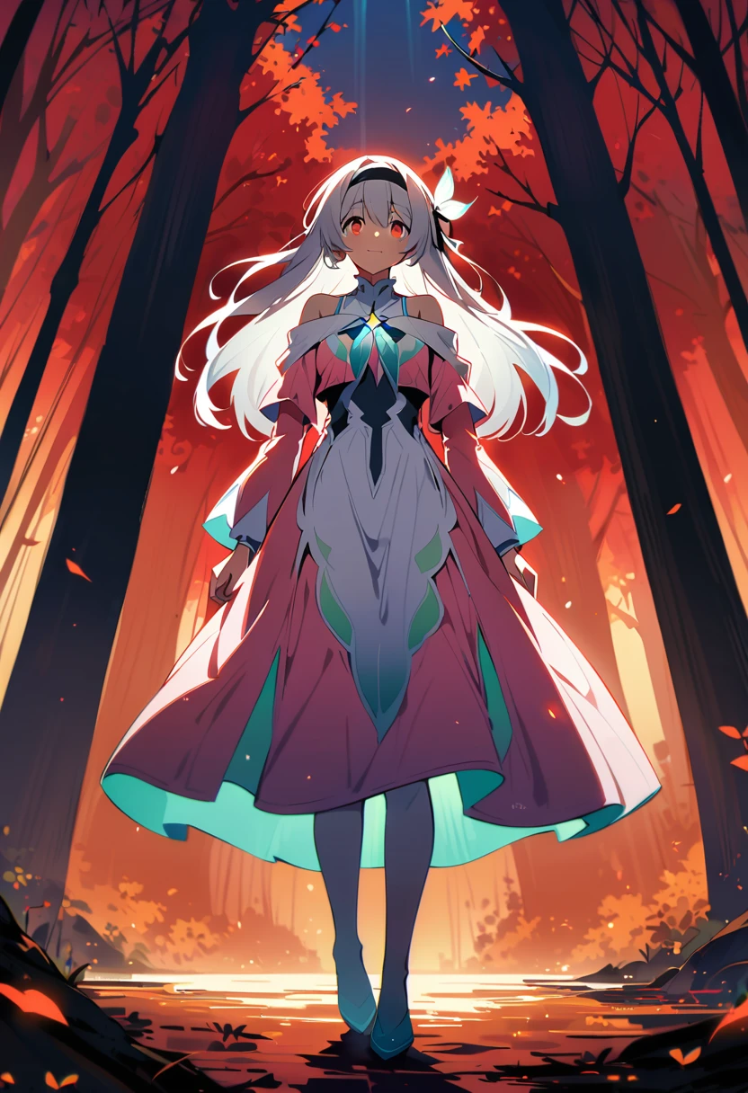 firefly \(Collapse: Star Trails\),1 Girl,Solitary,(Pink off-the-shoulder dress :1.5), (Silver long hair:1.5) ,Black _ Headband, X-Shape _ Eyebrow, Headband, Polyolefins _ hair, Bangs, Bare shoulders, full-body shot, White, White高跟鞋, outdoor, Red Maple Forest,full-body shot