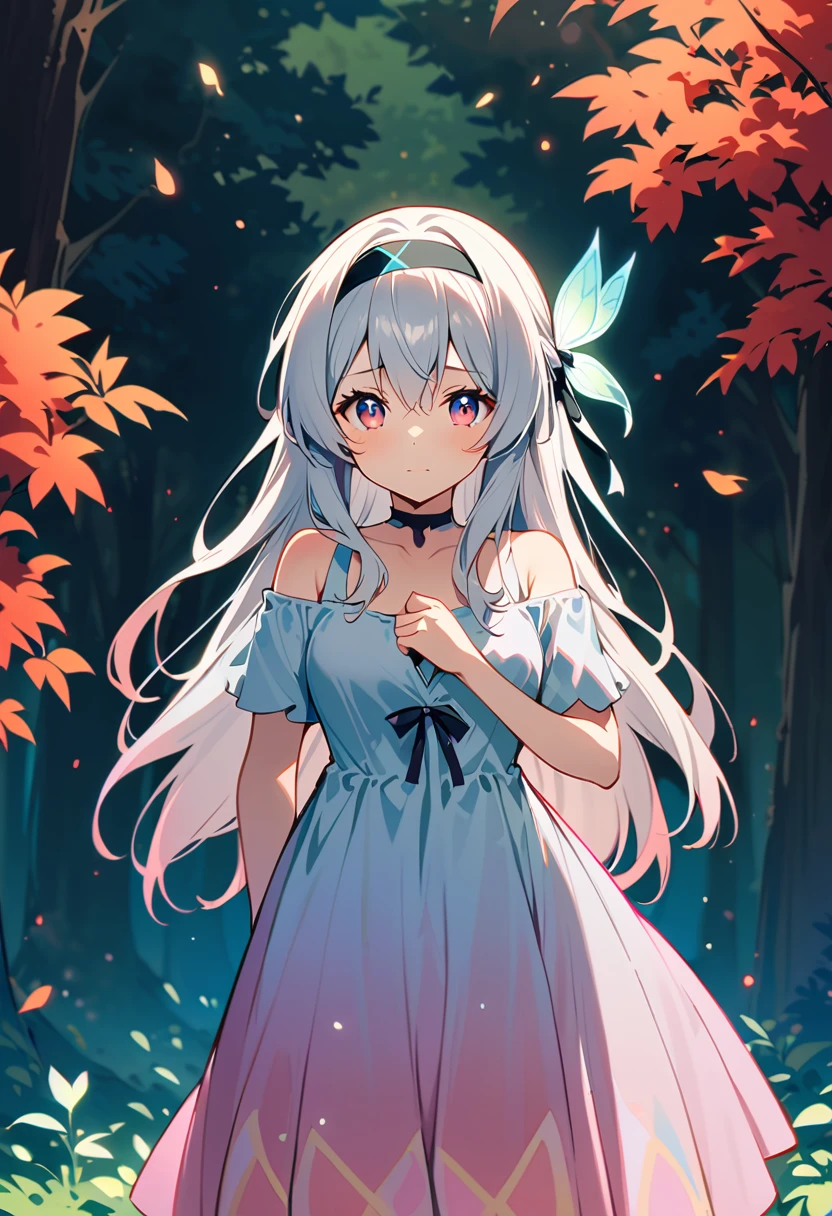 firefly \(Collapse: Star Trails\),1 Girl,Solitary,(Pink off-the-shoulder dress :1.5), (Silver long hair:1.5) ,Black _ Headband, X-Shape _ Eyebrow, Headband, Polyolefins _ hair, Bangs, Bare shoulders, full-body shot, White, White高跟鞋, outdoor, Red Maple Forest,full-body shot