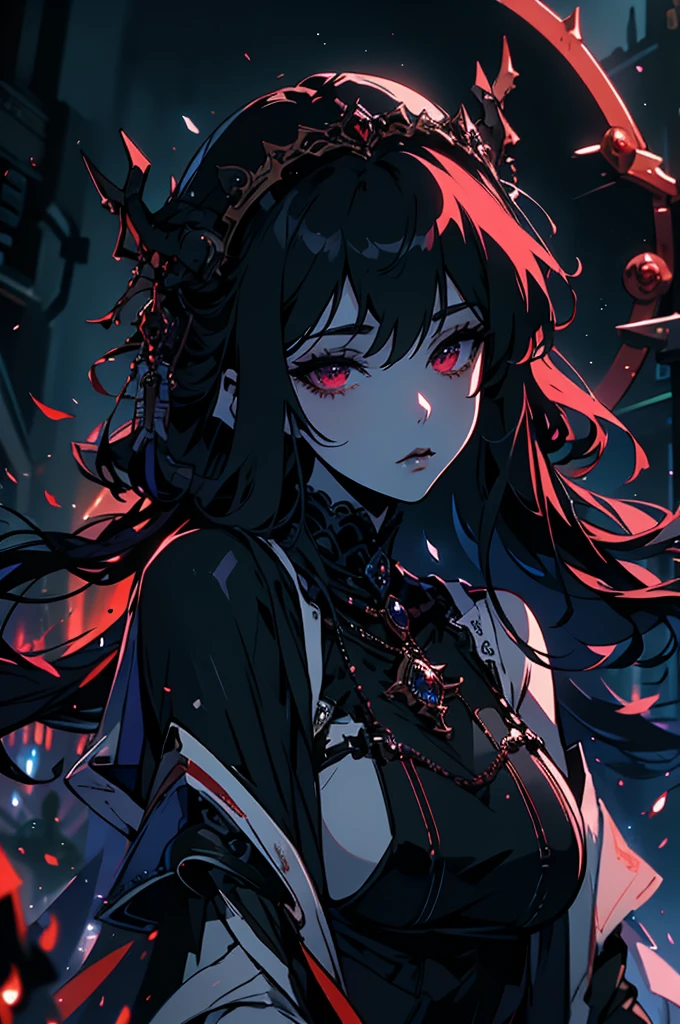 A luminous, enigmatic eldritch vampire, every brushstroke exudes an otherworldly allure: ethereal shimmering skin, cascading inky black hair, and piercing crimson eyes that seem to glow from within the painting. The watercolor image captures the essence of the vampire's supernatural beauty, with a haunting yet mesmerizing quality that draws viewers in. The vivid colors and intricate details showcase the skill of the artist, creating a striking and memorable portrayal of this mythical creature.