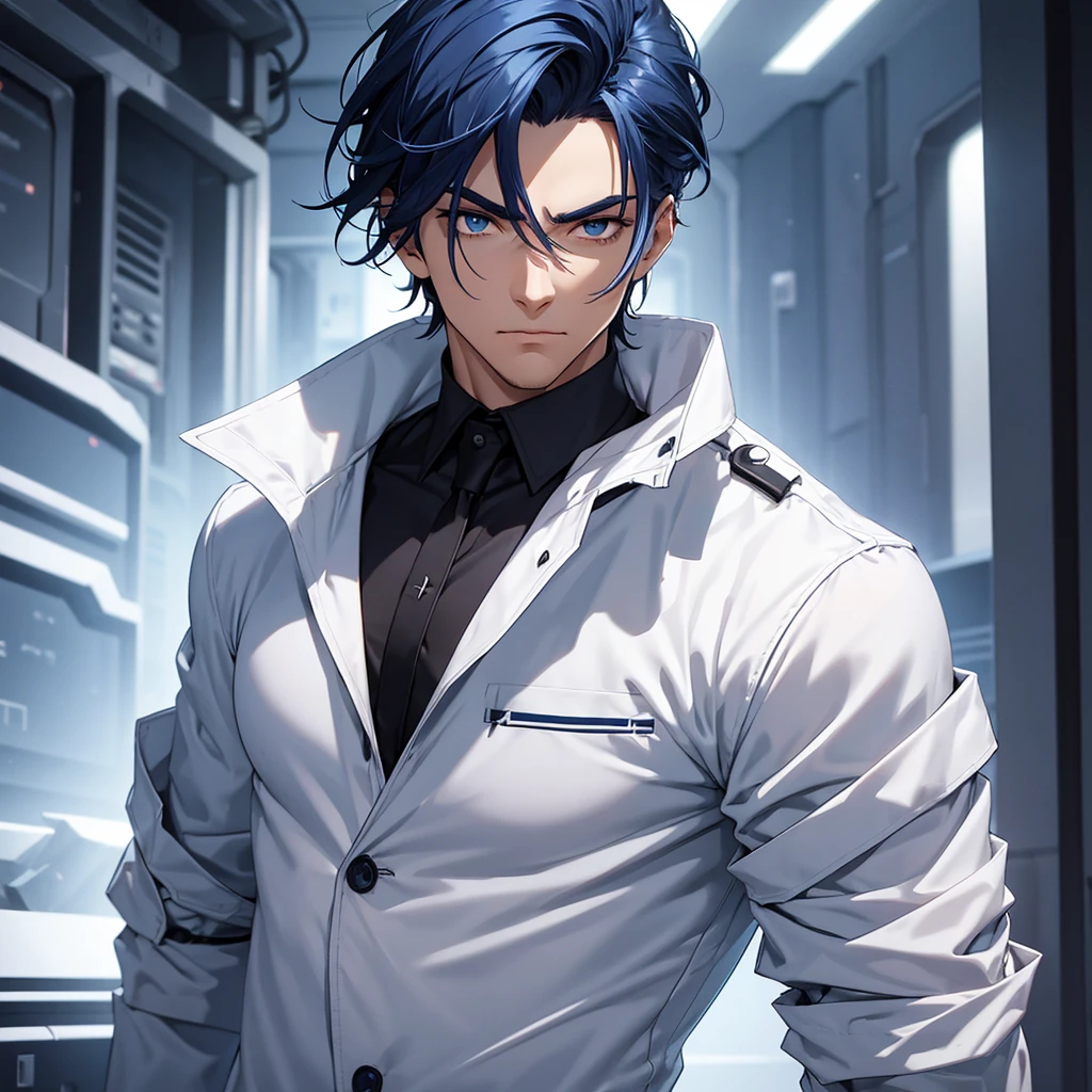 male character. strong. dark blue hair. he has lines on his body. Your face is serious. The scenario should be futuristic. He wears a white dress shirt with a jacket over it
