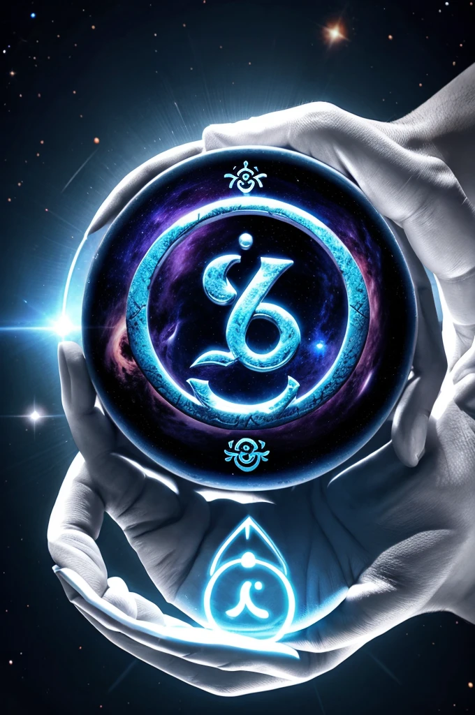 Generate ancient om logo floating on lord shiva's hand observing universe