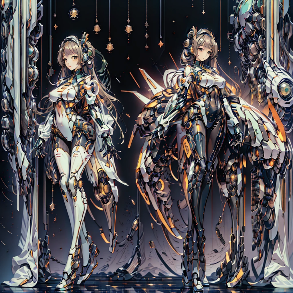 masterpiece, high quality, Gynoid Cyborg Body、The face is Minami Kotori、Minami Kotori, who has been remodeled into a girl-type mechanical body、Mecha Cyborg Girl、Single, frontal composition、Single image、from front, full body、Arms and legs wide open、Black Background