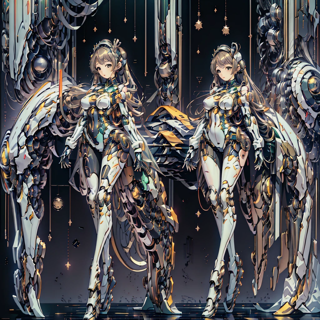 masterpiece, high quality, Gynoid Cyborg Body、The face is Minami Kotori、Minami Kotori, who has been remodeled into a girl-type mechanical body、Mecha Cyborg Girl、Single, frontal composition、Single image、from front, full body、Arms and legs wide open、Black Background
