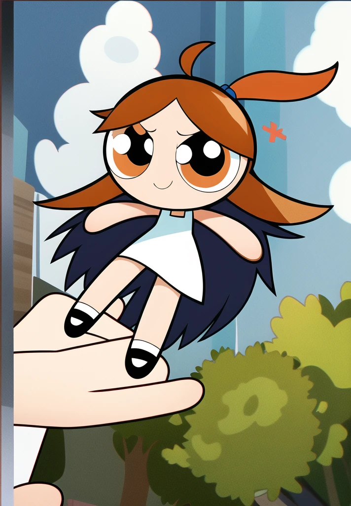 brown long hair, smile, chibi, full body,1girl, brown eyes, white blue dress, school background