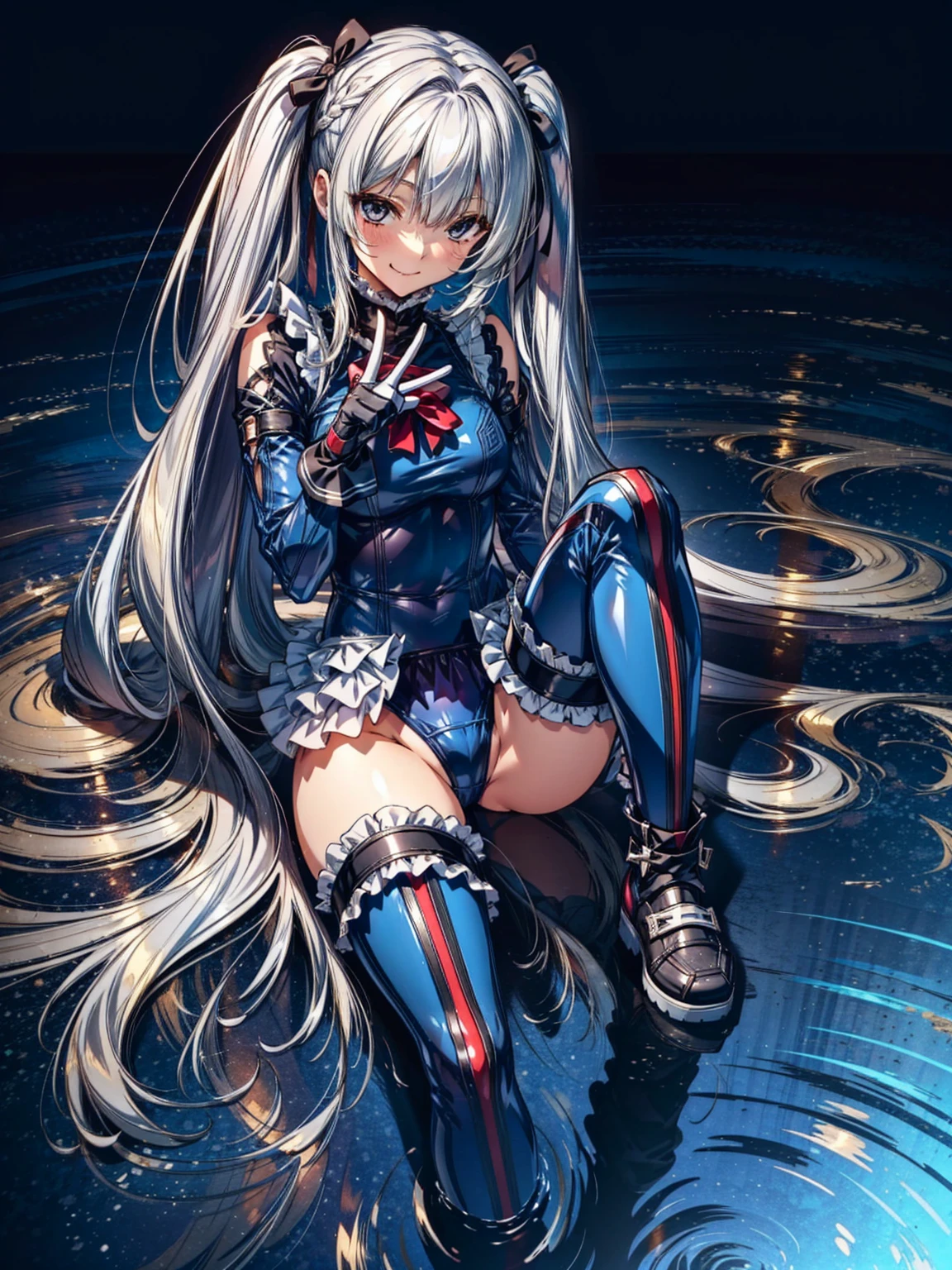 finest masterpiece, Super detailed, Highest quality, Sharp focus, 12k, ultra hi resolution picture, big ,12k,Perfect Anatomy, Highest quality, Marie Rose,Wicked Smile,Provocative attitude
,,Wicked Smile,Anime Style,(Frilled swimsuit, Knee socks, Removed sleeve), (Anime Style:1.4) ,
,(White fingers:1.1,Black gloves),
Hollow Eyes,,One Girl、(field),,(Very long hair:1.6),(whole body:1.3),