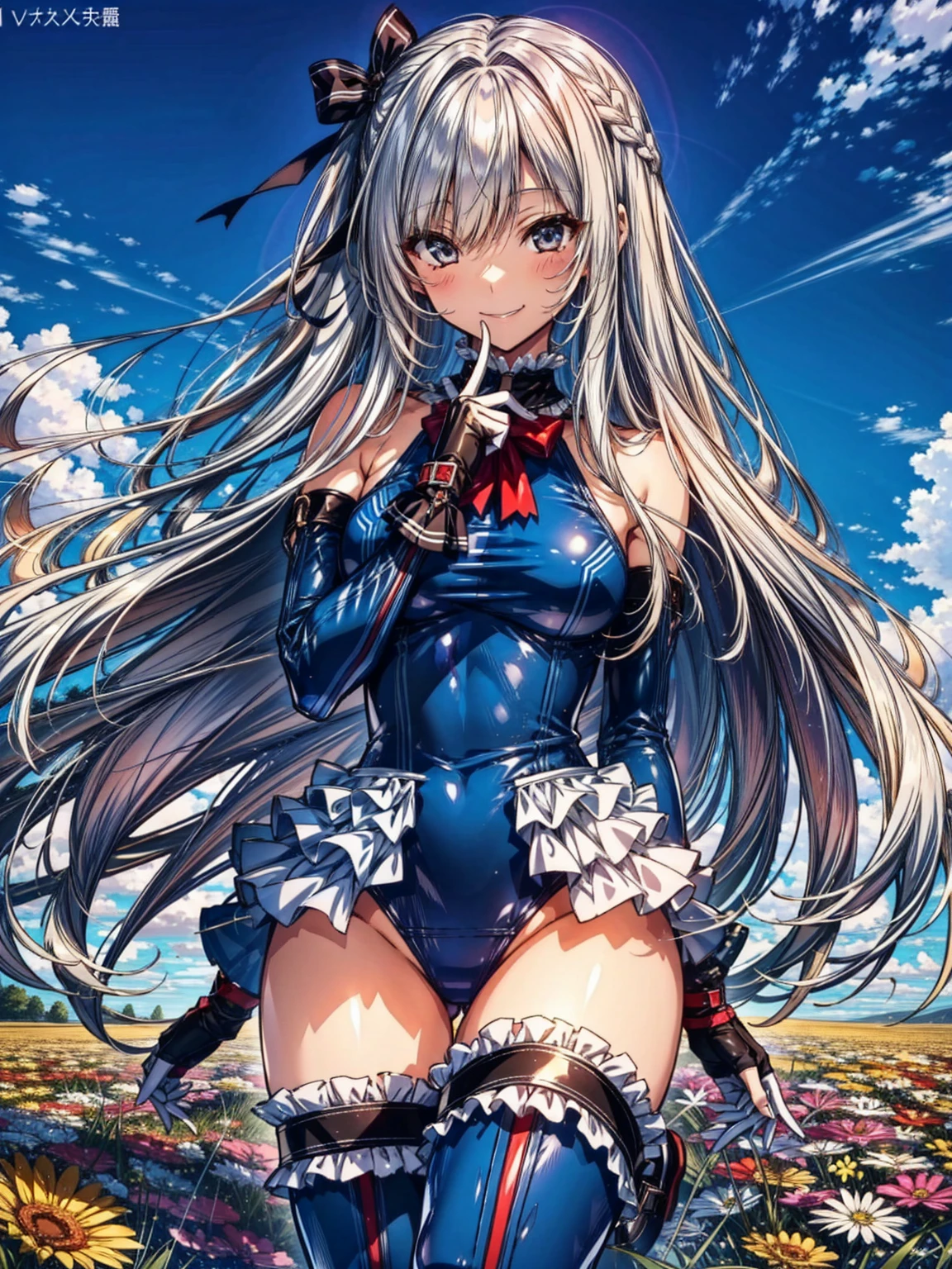 finest masterpiece, Super detailed, Highest quality, Sharp focus, 12k, ultra hi resolution picture, big ,12k,Perfect Anatomy, Highest quality, Marie Rose,Wicked Smile,Provocative attitude
,,Wicked Smile,Anime Style,(Frilled swimsuit, Knee socks, Removed sleeve), (Anime Style:1.4) ,
,(White fingers:1.1,Black gloves),
Hollow Eyes,,One Girl、(field),,(Very long hair:1.6),(whole body:1.3),
