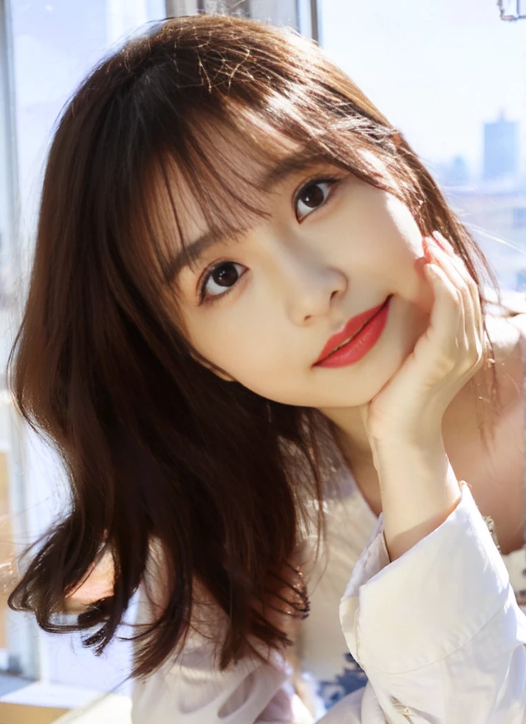 Highest quality, 8K, Tabletop, Realistic, Realistic, , (窓からはLate Nightの大都会の夜景、Ample breasts:1.2), Big Breasts, , , Abundant hips, Detailed face, Beautiful Face, , Beautiful woman,((Gray detailed eyes、Translucent skin texture、A shy smile、Fluffy hair、Light Brown Hair、Big city view from the window、Shaggy Cut、Floating Hair、、Cute Japanese Idols:1.4)). (、short hair、Floating Hair、Parted bangs、Bedroom、Sit on the bed、Place your hands on your feet、Late Night、indirect lighting、Sheer white bra and panties、Ample breasts、Looking into the camera:1.2))