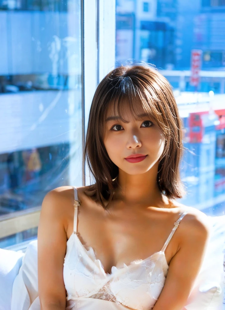 Highest quality, 8K, Tabletop, Realistic, Realistic, , (窓からはLate Nightの大都会の夜景、Ample breasts:1.2), Big Breasts, , , Abundant hips, Detailed face, Beautiful Face, , Beautiful woman,((Gray detailed eyes、Translucent skin texture、A shy smile、Fluffy hair、Light Brown Hair、Big city view from the window、Shaggy Cut、Floating Hair、、Cute Japanese Idols:1.4)). (、short hair、Floating Hair、Parted bangs、Bedroom、Sit on the bed、Place your hands on your feet、Late Night、indirect lighting、Sheer white bra and panties、Ample breasts、Looking into the camera:1.2))