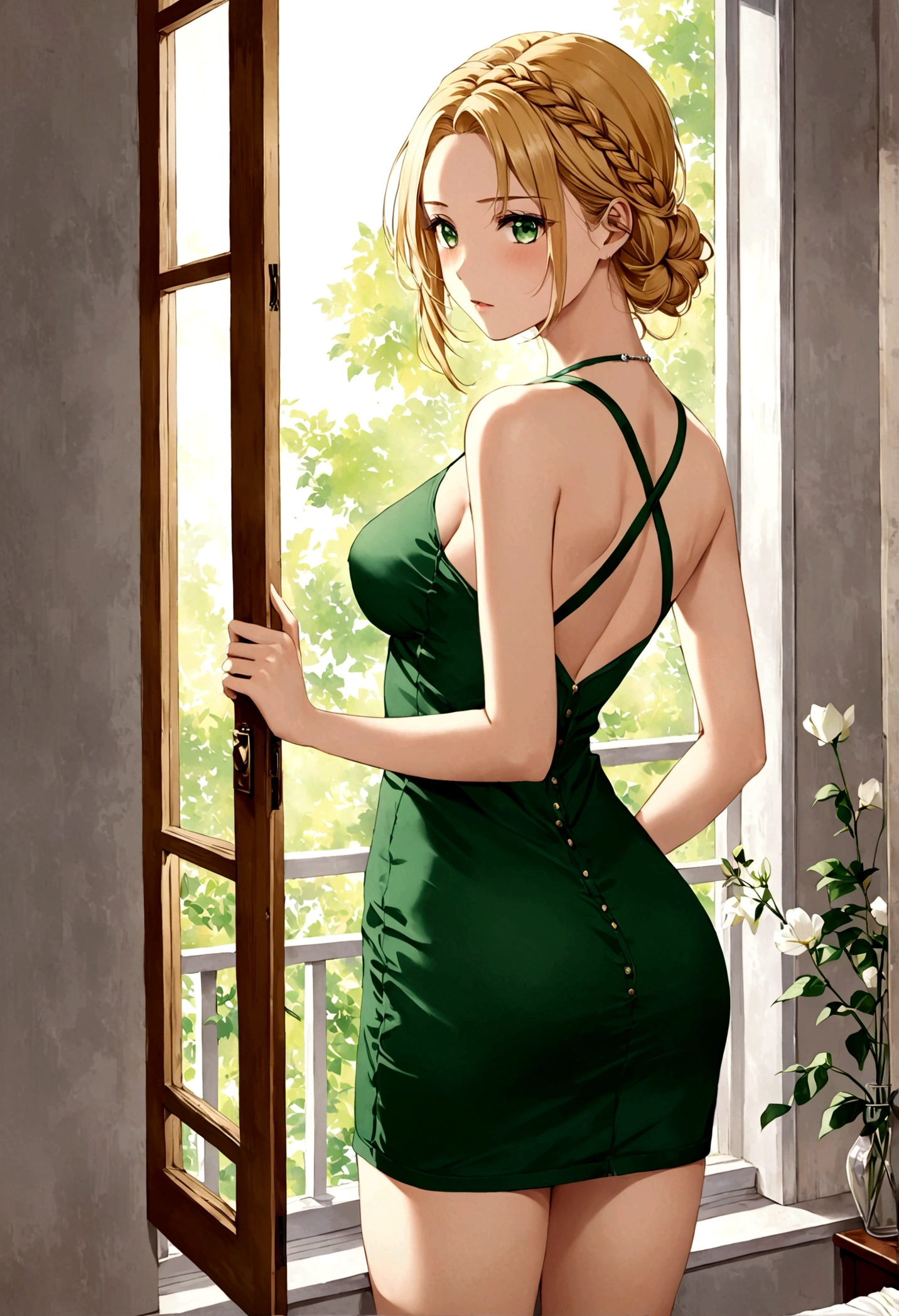 Beautiful woman, Spanish, 23 years old, In her room, Are standing, Looking out the window, Pay attention to the back, View from the window, nostalgic, /(White skin, Long, straight, golden blonde hair braided, Emerald green eyes,), Half sad、nostalgic, Tears welled up in her eyes, /(Casual wear: A short grey dress with floral print and bare shoulders, Neckline, Black knee-high boots,), /(Shapely legs, Hourglass-shaped athletic body, Medium Hips, Narrow waist, Large Breasts, sexy,)Marine Kitagawa.