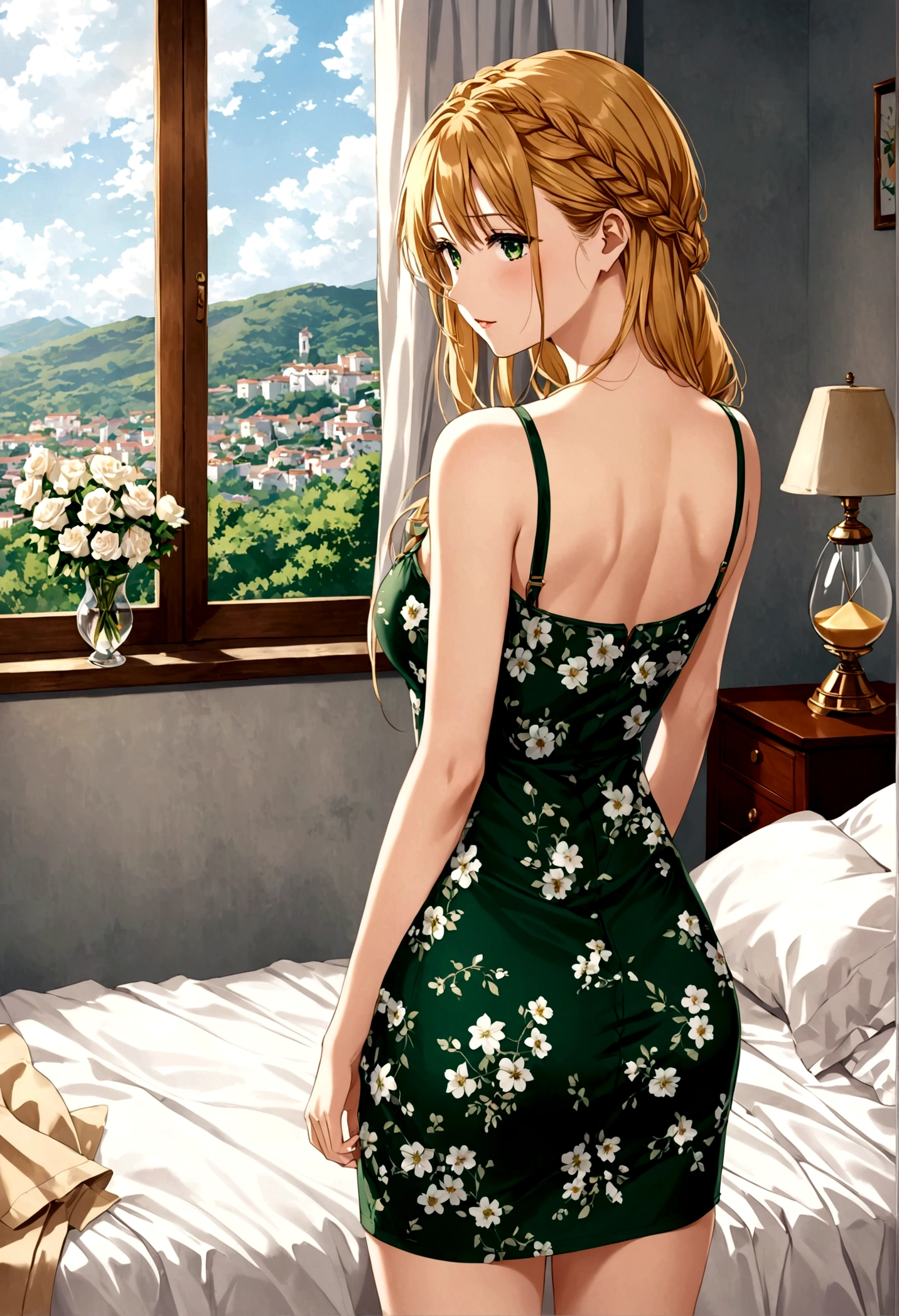 Beautiful woman, Spanish, 23 years old, In her room, Are standing, Looking out the window, Pay attention to the back, View from the window, nostalgic, /(White skin, Long, straight, golden blonde hair braided, Emerald green eyes,), Half sad、nostalgic, Tears welled up in her eyes, /(Casual wear: A short grey dress with floral print and bare shoulders, Neckline, Black knee-high boots,), /(Shapely legs, Hourglass-shaped athletic body, Medium Hips, Narrow waist, Large Breasts, sexy,)Marine Kitagawa.