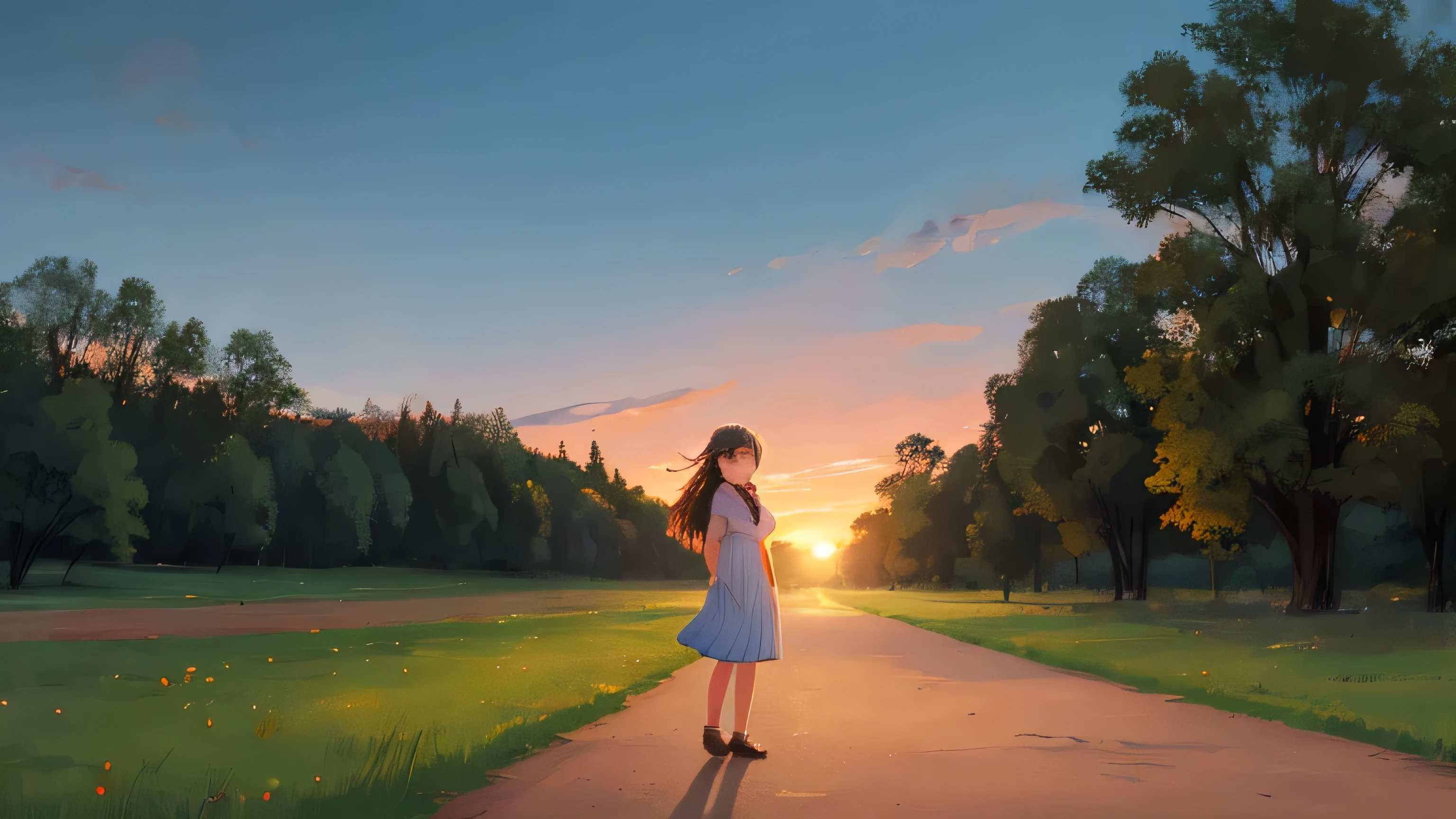 Please depict a young girl smiling in a rural park at dusk.