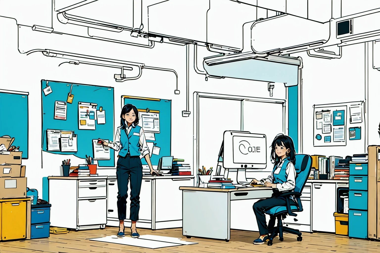 1 girl in white shirt and blue vest,pants,standing,working in office,longhair,smile,simple background