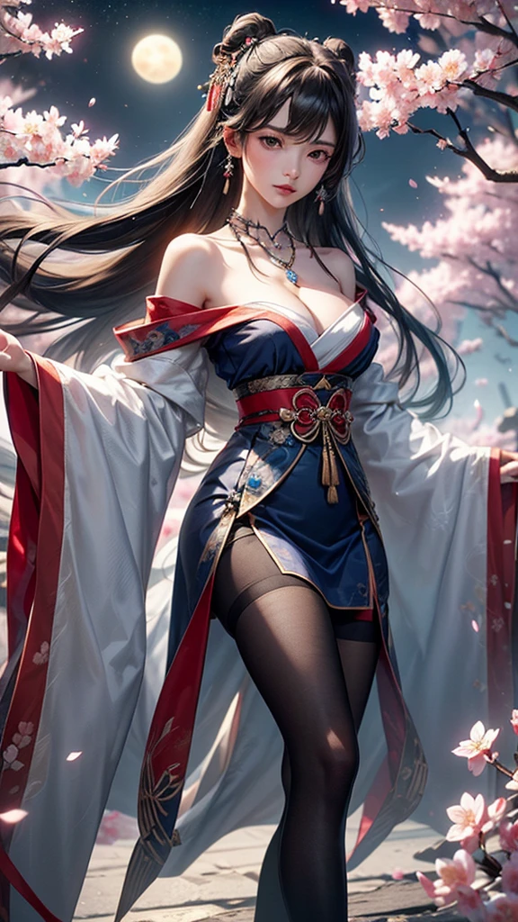 (masterpiece:1.5, Highest quality, Very detailed、 Dutch Angle、Semi-realistic、Fantasy)(One Girl, alone)(Silver Hair:1.4,,Straight Long Hair)(Wearing Han clothes, Royalty、White and red Hanfu:1.6,Thick fabric,Long sleeve)、((Off the shoulder、medium breasts, Beautiful cleavage、ruby ​​necklace))((Above the knee tights))(from side,cherry blossoms、dead tree、Mystical Night、Particles of light float around the woman、Fantasyのためのスペース)
