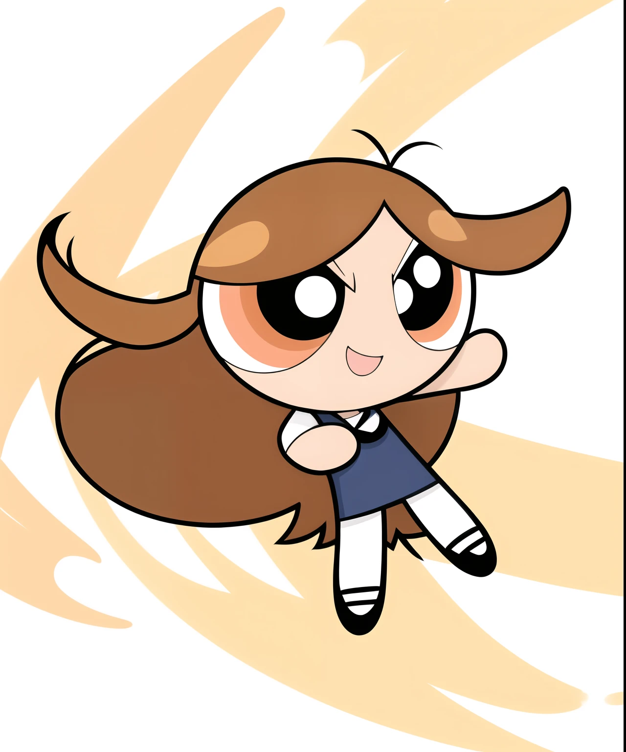 ((( brown long hair,))) smile, chibi, full body,1girl, brown eyes, white blue dress, school background