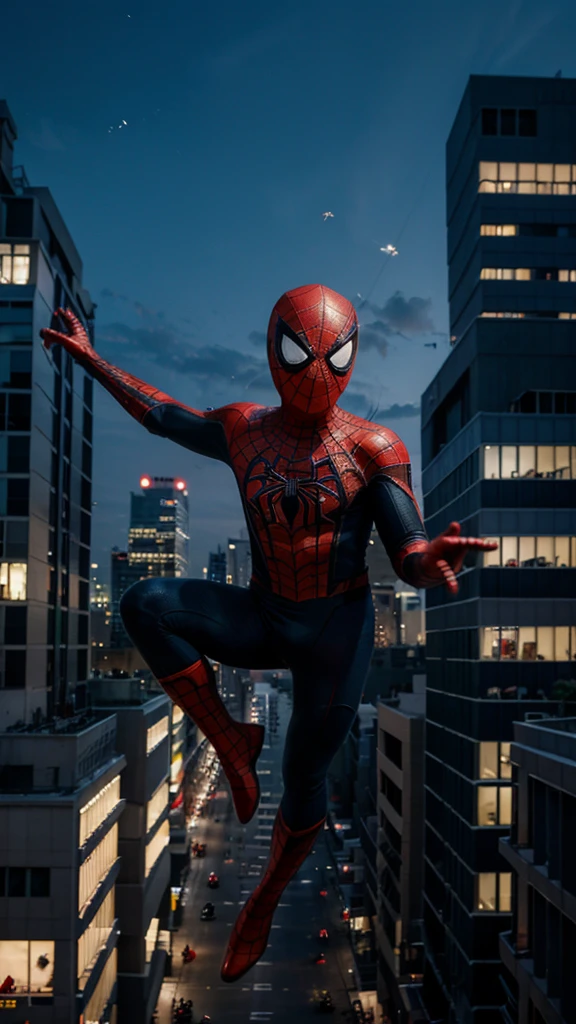 A 3 year old Spider Man boy without a head covering is flying through buildings , background of buildings at night, real photo, professional photo, realistic photo, clear photo, full HD, 4k 