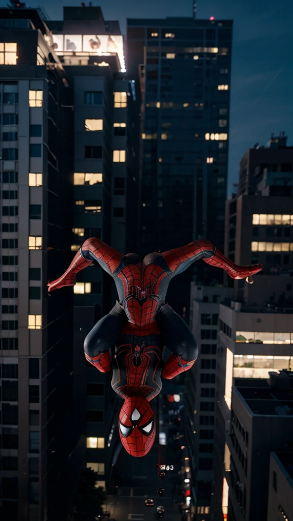 A 3 year old Spider Man boy without a head covering is flying through buildings , background of buildings at night, real photo, professional photo, realistic photo, clear photo, full HD, 4k 