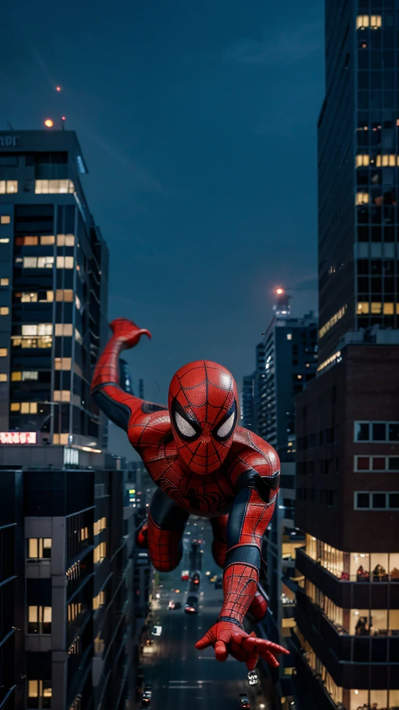 A 3 year old Spider Man boy without a head covering is flying through buildings , background of buildings at night, real photo, professional photo, realistic photo, clear photo, full HD, 4k