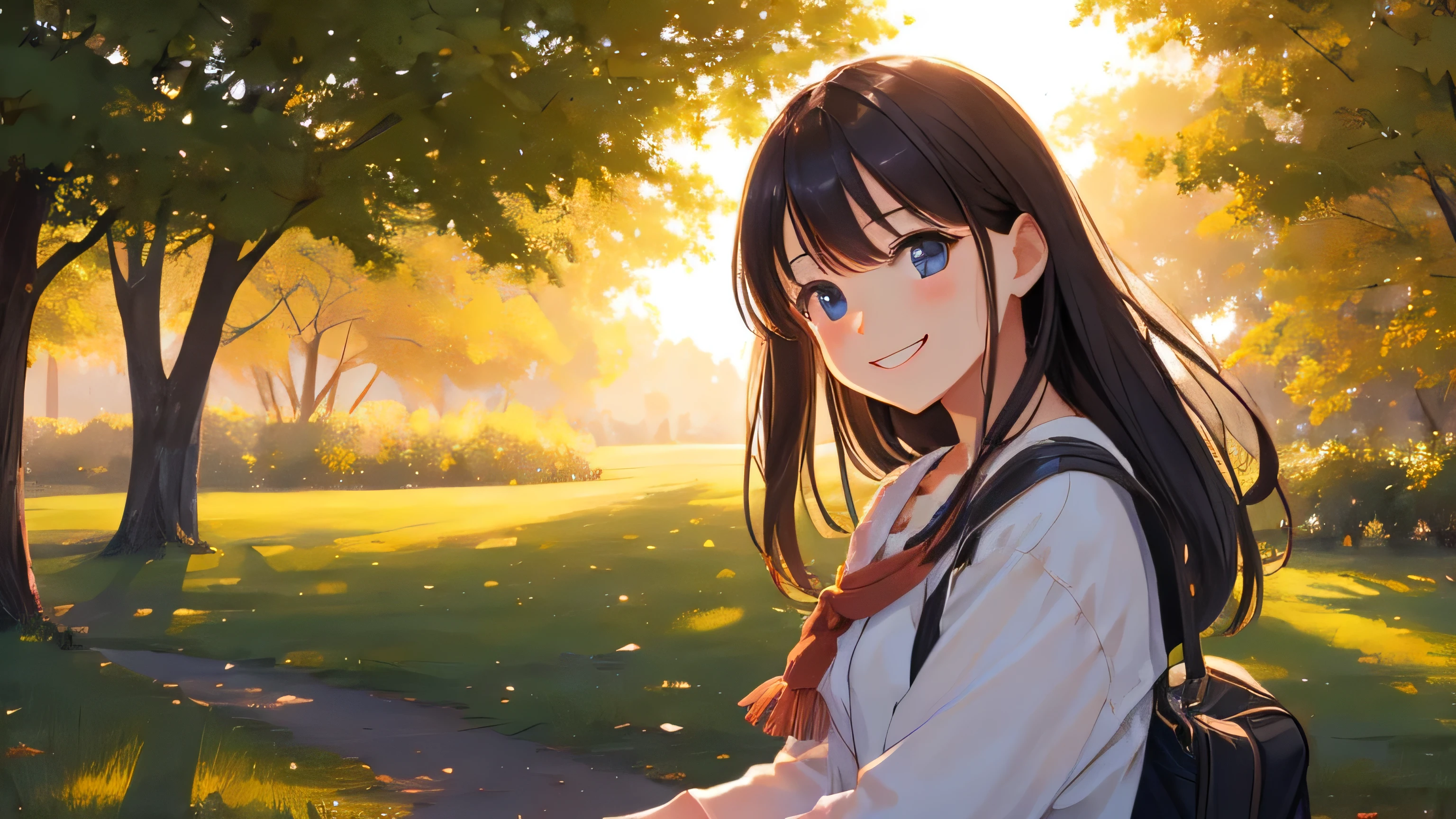 Please depict a young girl smiling in a rural park at dusk.
