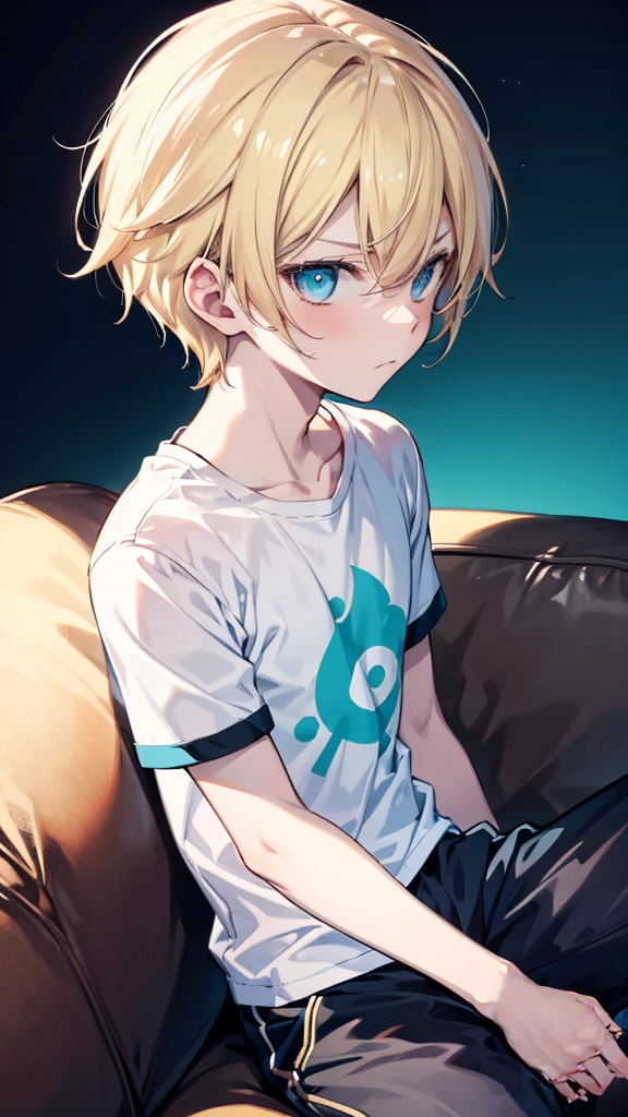 profile background, anime boy, serious face, blond hair, cyan eyes, gym body, detailed eyes and face, white shirt with a kanji in the middle, sitting on the sofa, in the living room, high-res portrait, character, fantasy, 4K, high resolution