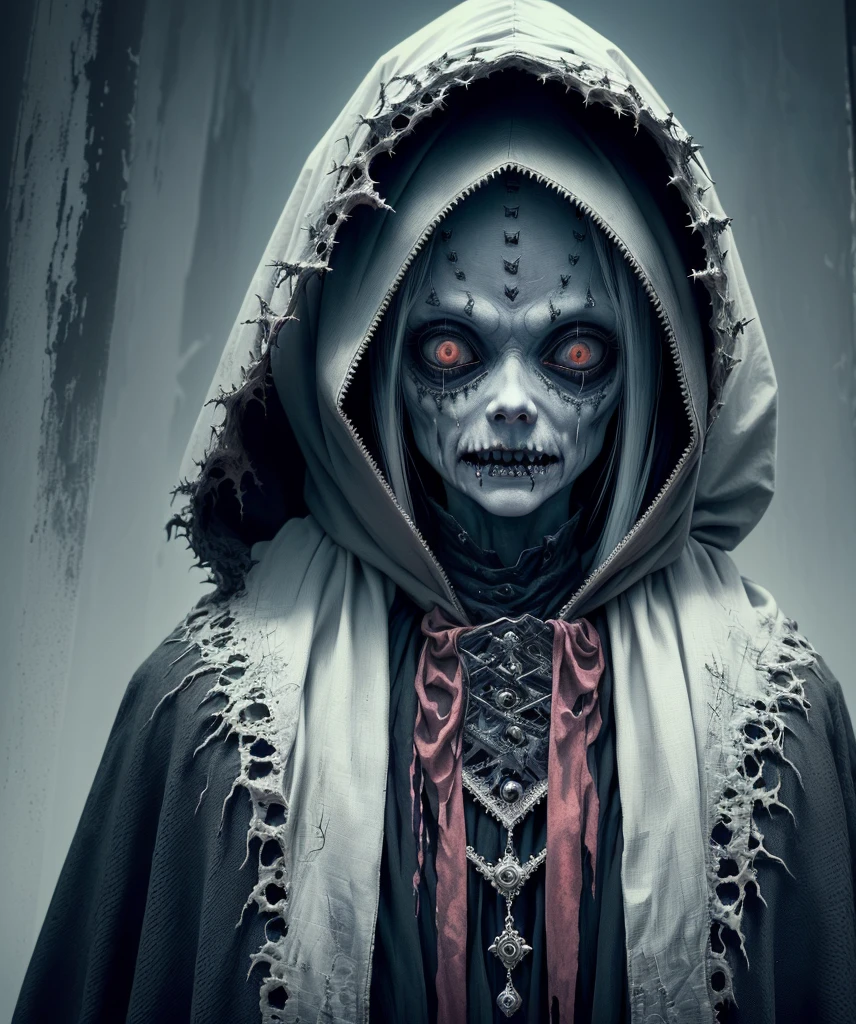 there is a creepy looking creature with a hood on, beautiful and creepy, zombie with white eyes, scary creature, creepy macro photo, eerie person, detailed and creepy, creepy creature, female humanoid creature, creepy and unsettling, eerie highly detailed, creepy surrealism, scary look, eerie looking, spiritual eerie creepy picture, the'other mother'from'coraline '