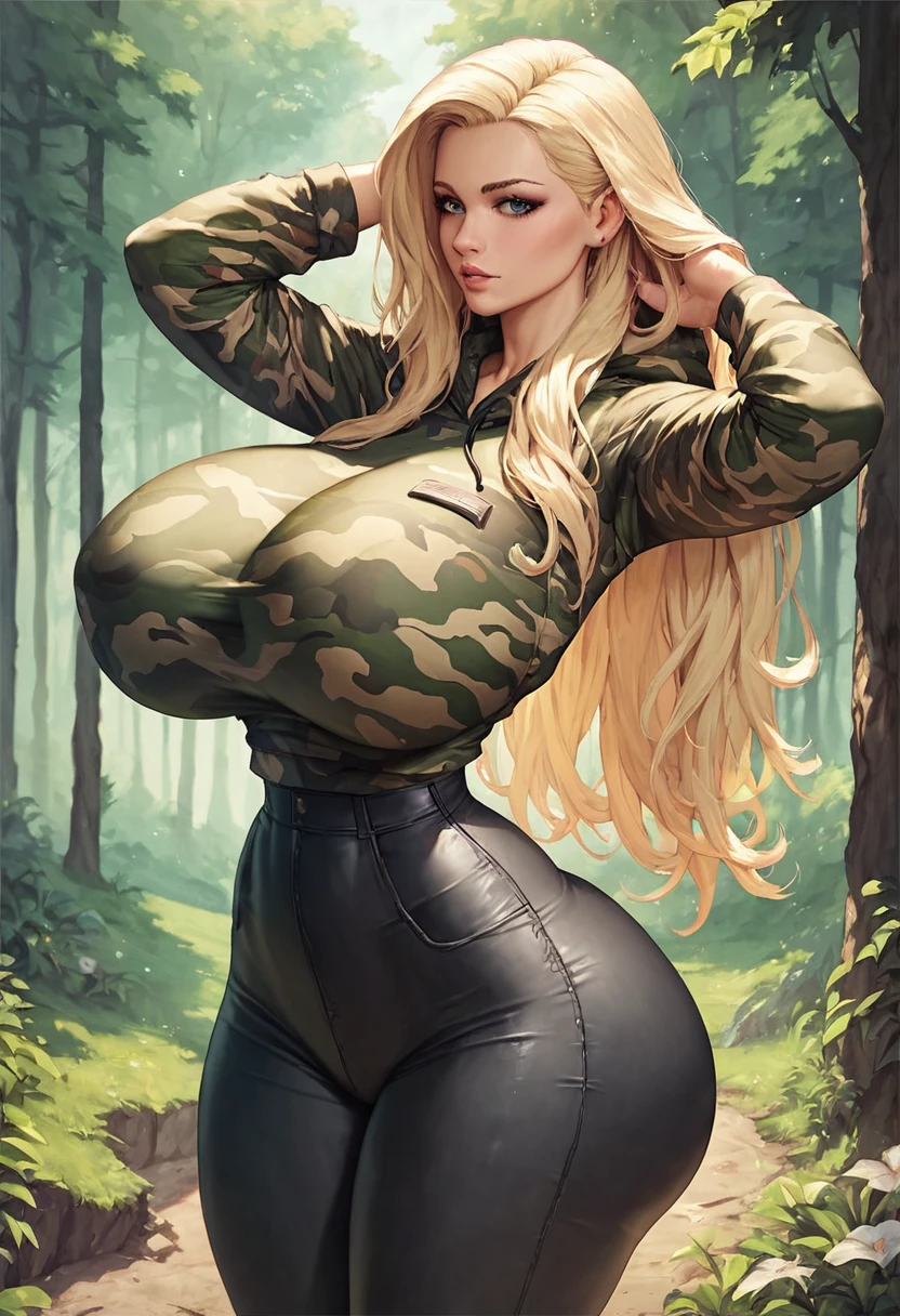 1girl, solo, masterpiece, best quality, detailed, narrow waist, wide hips, huge breasts, huge ass, score_9, score_8_up, score_7_up, blonde hair, straight hair, long hair, forest, camouflage hoodie, black pants, tight clothes