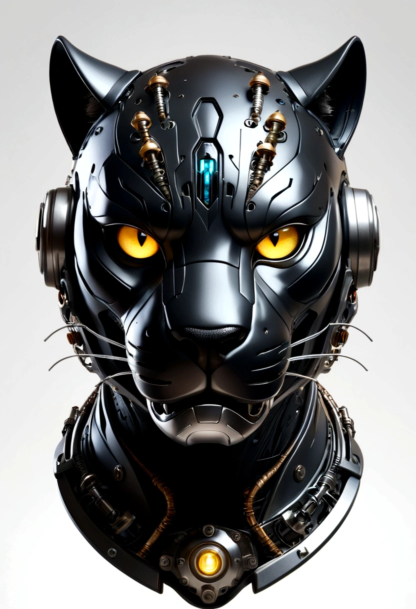 Highest quality, spectacular lighting, scary expression, aggressive expression, roaring, spectacular atmosphere, futuristic, panther helmet, head portrait, metal cat, cyborg. ,cyberpunk style,mechanical intricate details, complicated details Too much detail, light bulb, cinematic image, vignette, white background effect, Panther, straight face.