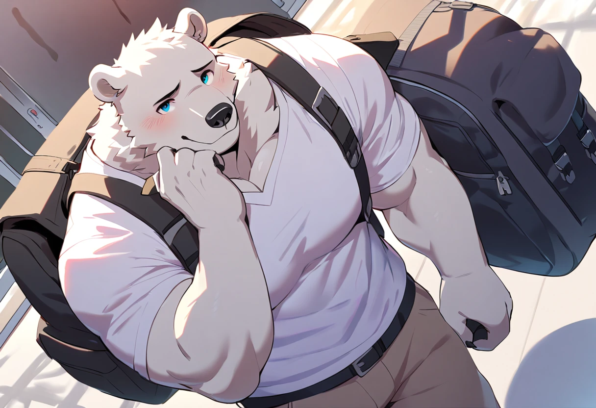 polar bear, 1boy, male, solo, (muscle:0.5), big tits, pecs, shy face, casual clothes, backpack, hand under chin, pan left angle, look at viewer