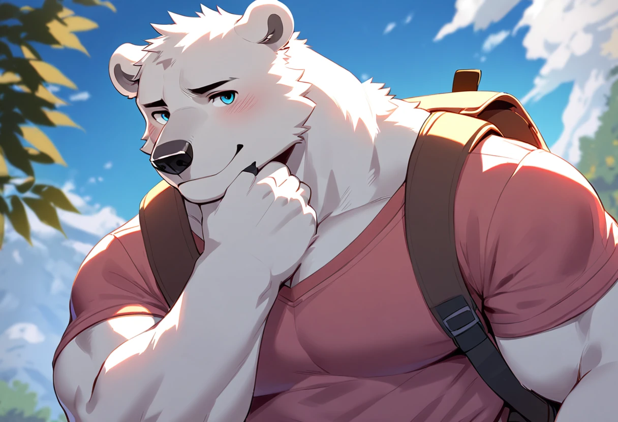 polar bear, 1boy, male, solo, (muscle:0.5), big tits, pecs, shy face, casual clothes, backpack, hand under chin, pan left angle, look at viewer