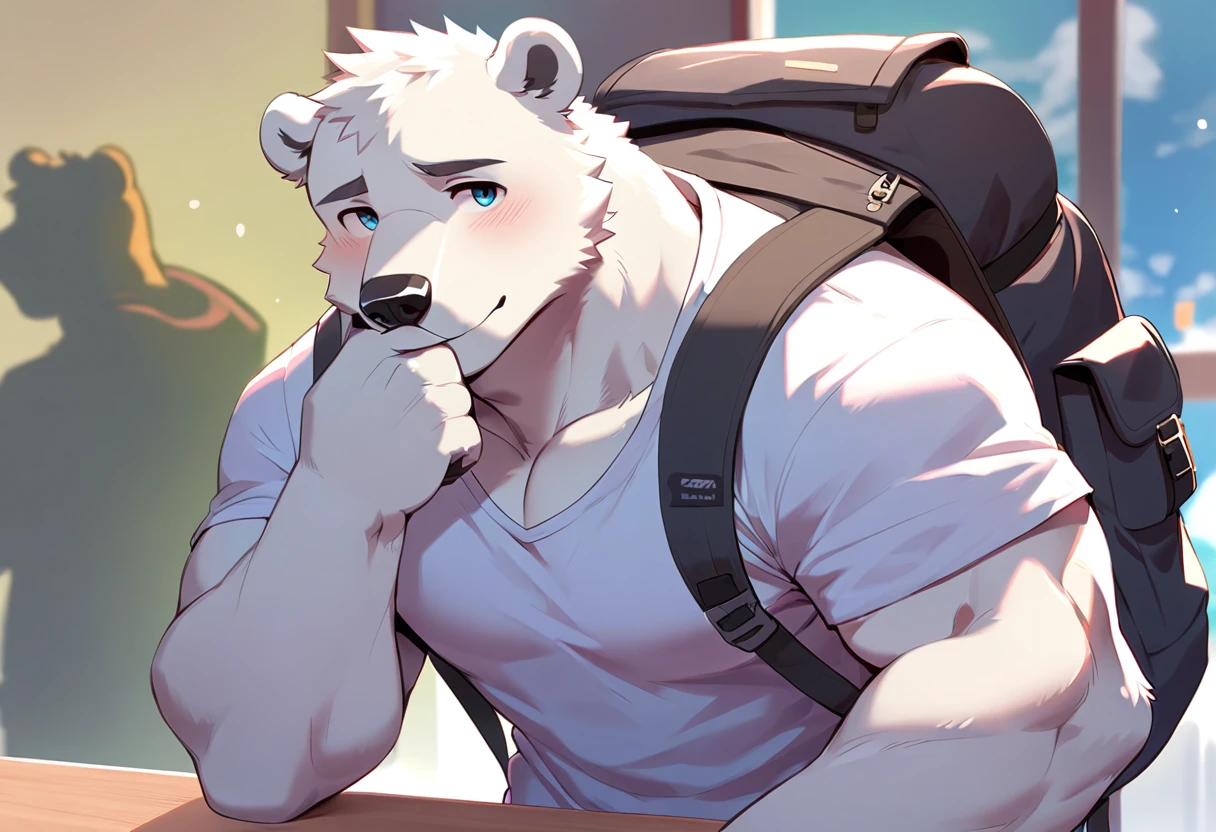 polar bear, 1boy, male, solo, (muscle:0.5), big tits, pecs, shy face, casual clothes, backpack, hand under chin, pan left angle, look at viewer