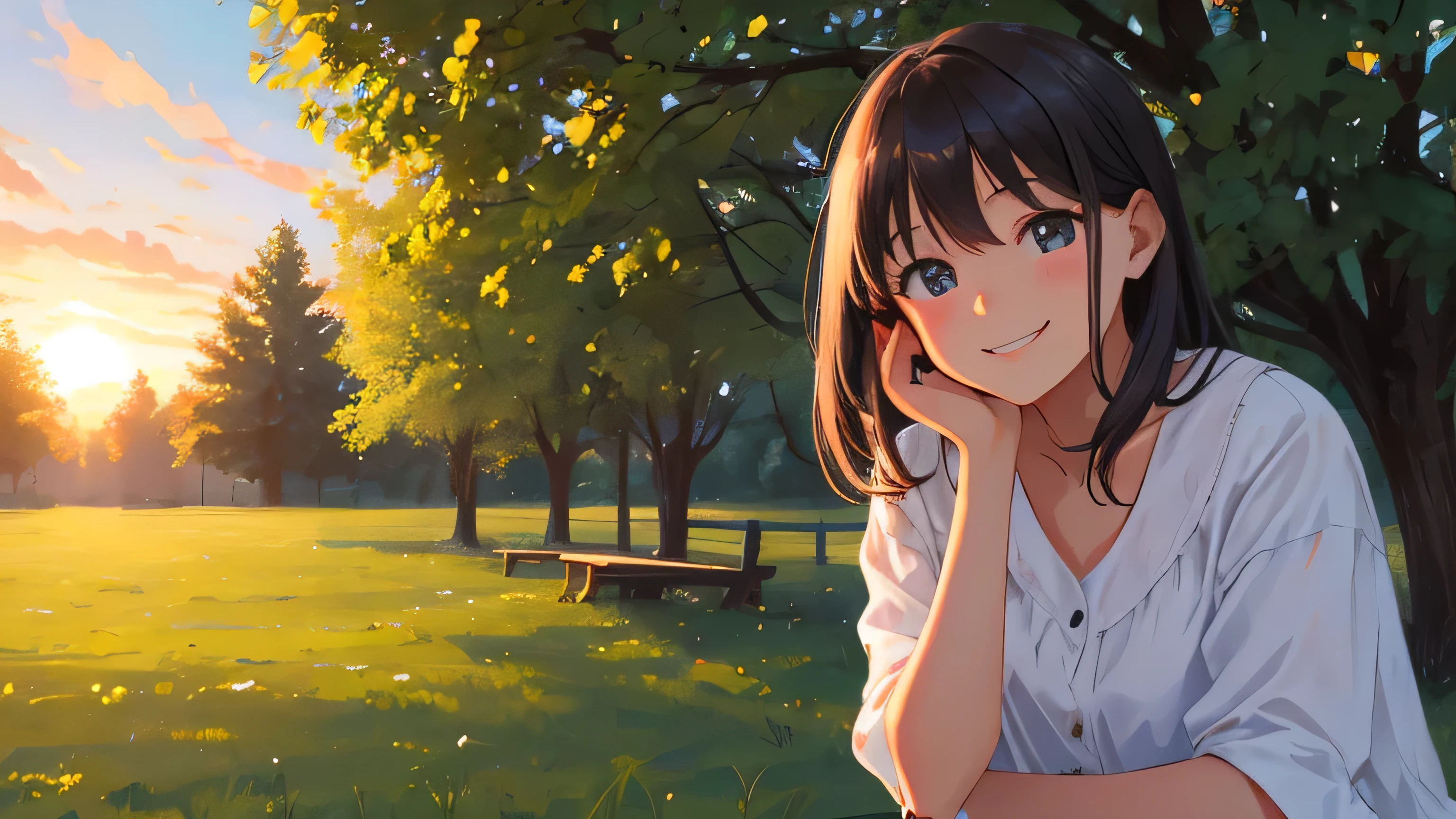 Please depict a young girl smiling in a rural park at dusk.