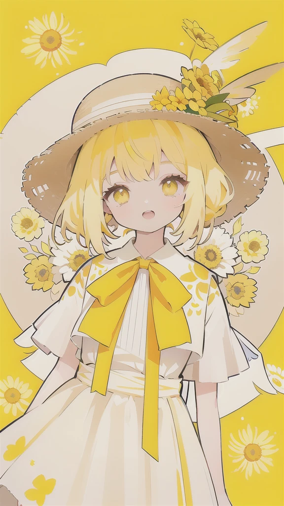 flower in mouth,,yellow eyes,laughing,blonde hair,low braided twintail,white skirt yellow hemline,yellow bow on the chest,wearing a straw hat on the side,
one hand raises up to sky,dynamic angles,
sunshine,day,
(yellow flowers:1.35),(Ochna:1.25),(upper body:1.45),(A splash of colored paint1.15),Movie poster,



 