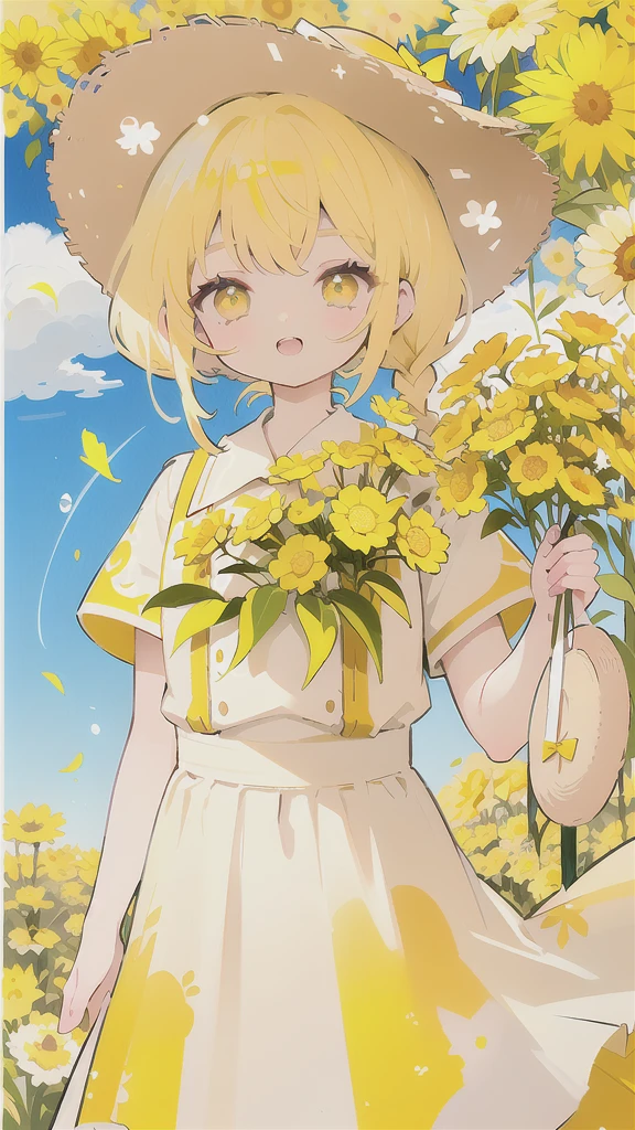 flower in mouth,,yellow eyes,laughing,blonde hair,low braided twintail,white skirt yellow hemline,yellow bow on the chest,wearing a straw hat on the side,
one hand raises up to sky,dynamic angles,
sunshine,day,
(yellow flowers:1.35),(Ochna:1.25),(upper body:1.45),(A splash of colored paint1.15),Movie poster,