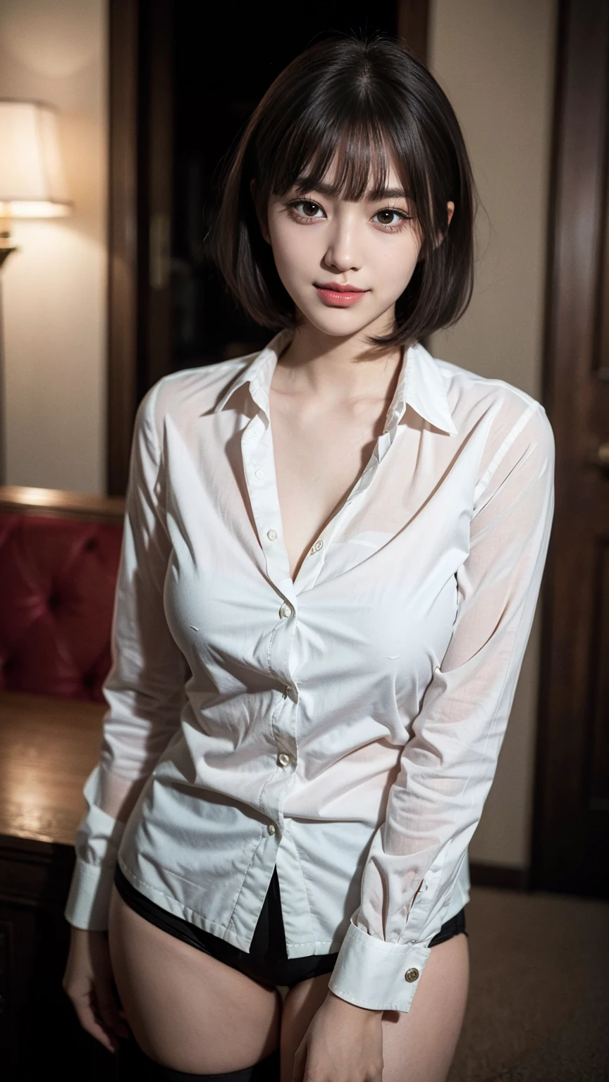 (best quality, masterpiece:1.3), (actual, photo actual:1.3), ultra high resolution, ultra high definition, Extremely detailed CG unified 8k wallpaper, (actual skin, Delicate skin), (perfect anatomy), (official art, Beautiful and beautiful), (generous smile:1.3), (seductive face:1.3), (korean woman:1.3), alone, depth of field, nightclub,(big breasts:1.1),(medium full shot:1.5),(revealing shirt and business suit:1.3), (curvy hips:1.1), (collar), (naturally look at camera:1.3), (blunt bangs:1.5), (stockings)