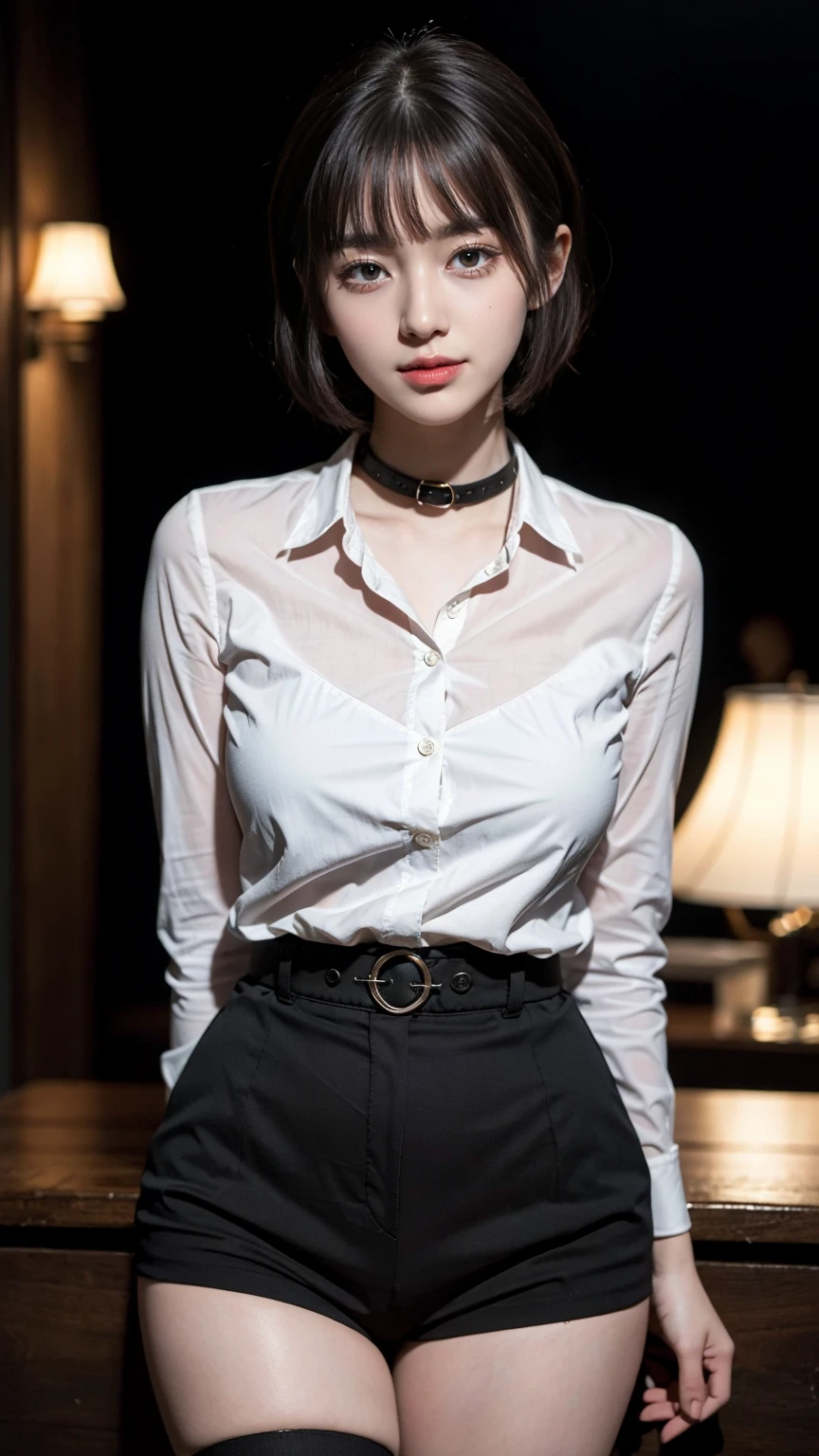 (best quality, masterpiece:1.3), (actual, photo actual:1.3), ultra high resolution, ultra high definition, Extremely detailed CG unified 8k wallpaper, (actual skin, Delicate skin), (perfect anatomy), (official art, Beautiful and beautiful), (generous smile:1.3), (seductive face:1.3), (korean woman:1.3), alone, depth of field, nightclub，(big breasts:1.1)，(medium full shot:1.5),(revealing shirt and business suit:1.3), （curvy hips:1.1), (collar), (naturally look at camera:1.3), (blunt bangs:1.5), (stockings)