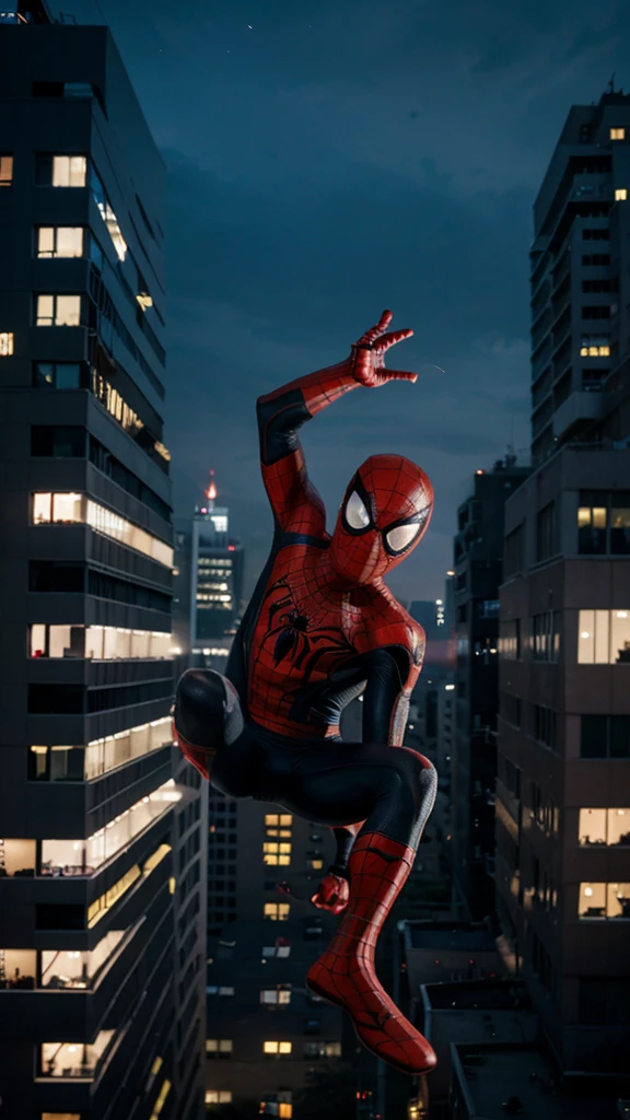 A 3 year old Spider Man boy without a head covering is flying through buildings , background of buildings at night, real photo, professional photo, realistic photo, clear photo, full HD, 4k 